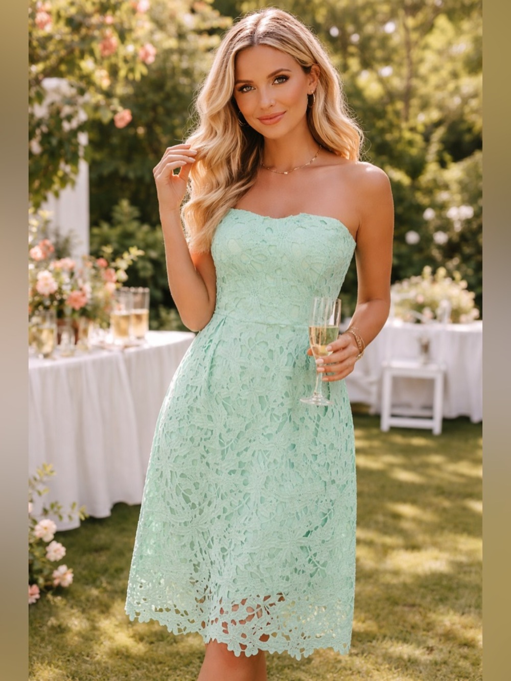 Mint Green Lace Strapless Midi Dress Womens Large Floral Cocktail Garden Party